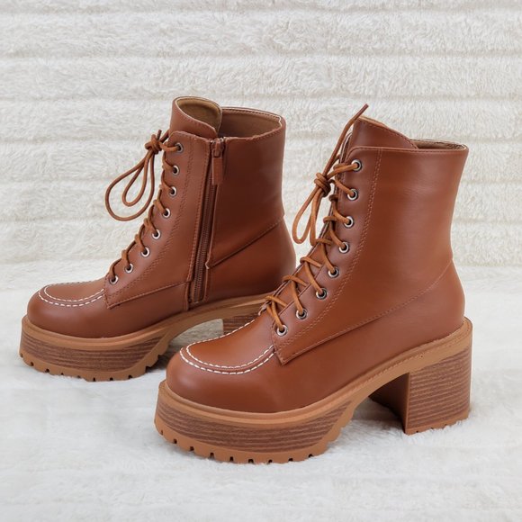 Light Weight Tan Wood Look Chunky Platform Combat Boots Stamp - Picture 1 of 12